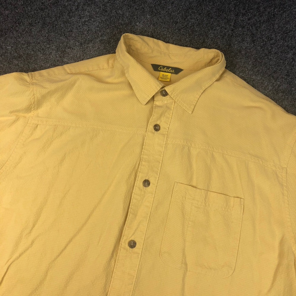 Cabelas Mens XL Short Sleeve Button Up Shirt Yellow Micro Check Fishing Outdoor